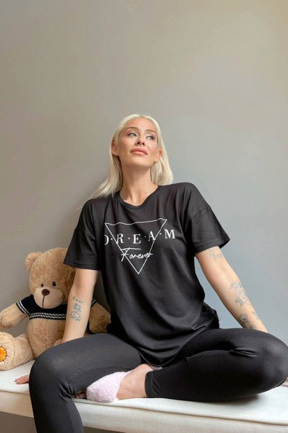 Dream Forever Baskılı Örme Kısa Kollu Taytlı Pijama Takımı - 3