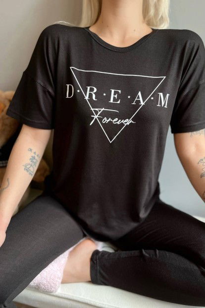 Dream Forever Baskılı Örme Kısa Kollu Taytlı Pijama Takımı - 4