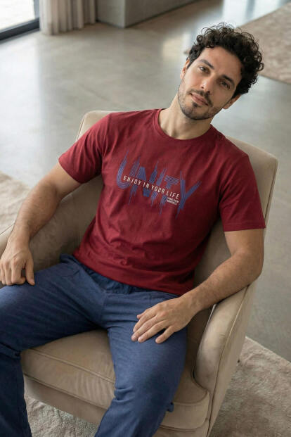 Dusty Navy Unity Baskılı Kısa Kollu Cotton Erkek Pijama Takımı - 3