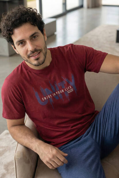 Dusty Navy Unity Baskılı Kısa Kollu Cotton Erkek Pijama Takımı - 6