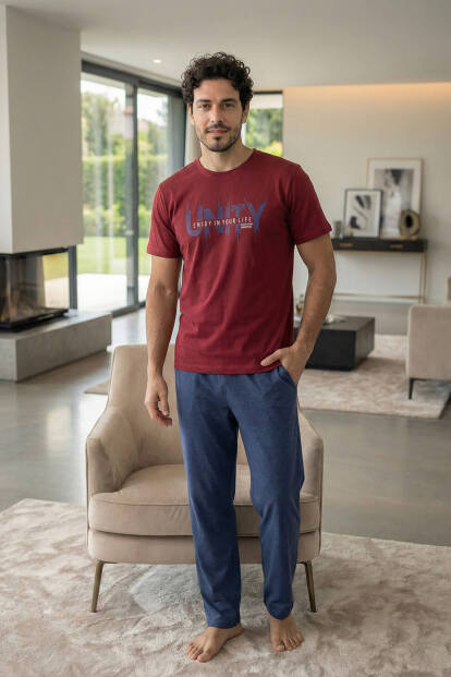 Dusty Navy Unity Baskılı Kısa Kollu Cotton Erkek Pijama Takımı - 7