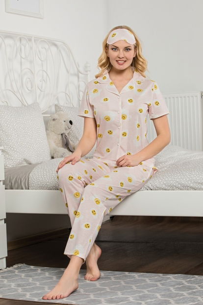 Egg Desenli Önden Düğmeli Kısa Kollu Pijama Takımı - 1