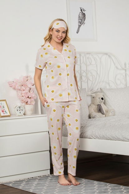 Egg Desenli Önden Düğmeli Kısa Kollu Pijama Takımı - 2