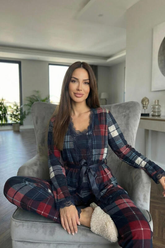 Ekose Baskılı Sabahlıklı Kadife Pijama Takımı - Pijamaevi (2)