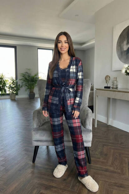 Ekose Baskılı Sabahlıklı Kadife Pijama Takımı - 5