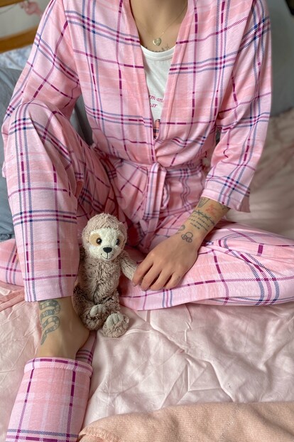 Ekose Baskılı Sabahlıklı Pijama Takımı - 2