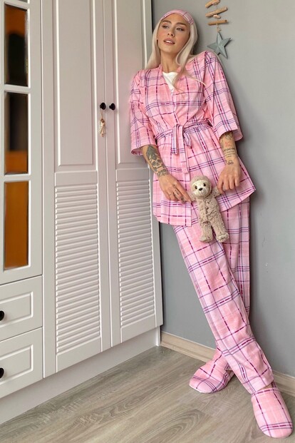 Ekose Baskılı Sabahlıklı Pijama Takımı - 4