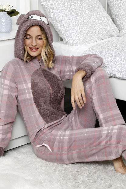 Ekoseli Kadın Polar Peluş Tulum Pijama Takımı - 1