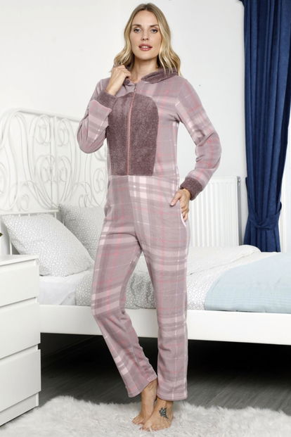 Ekoseli Kadın Polar Peluş Tulum Pijama Takımı - 2