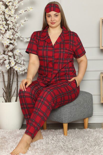 Ekoseli Önden Düğmeli Kısa Kollu Büyük Beden Battal Pijama Takımı - 1