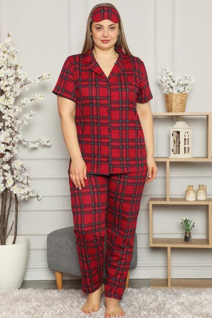 Ekoseli Önden Düğmeli Kısa Kollu Büyük Beden Battal Pijama Takımı - 2