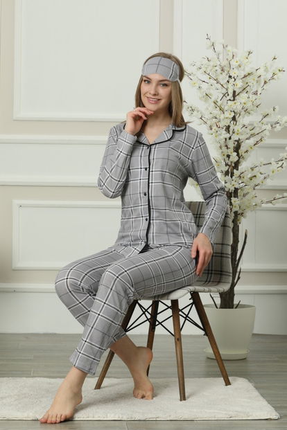 Ekoseli Önden Düğmeli Uzun Kollu Pijama Takımı - 1