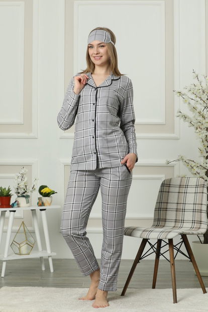 Ekoseli Önden Düğmeli Uzun Kollu Pijama Takımı - 2