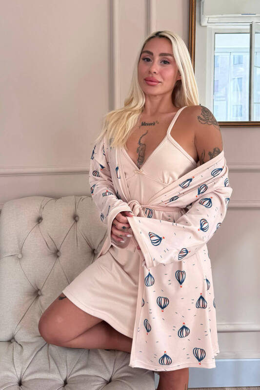 Ekru Balon Desenli Termal Gecelik Sabahlıklı Kadın Pijama Takımı - Pijamaevi