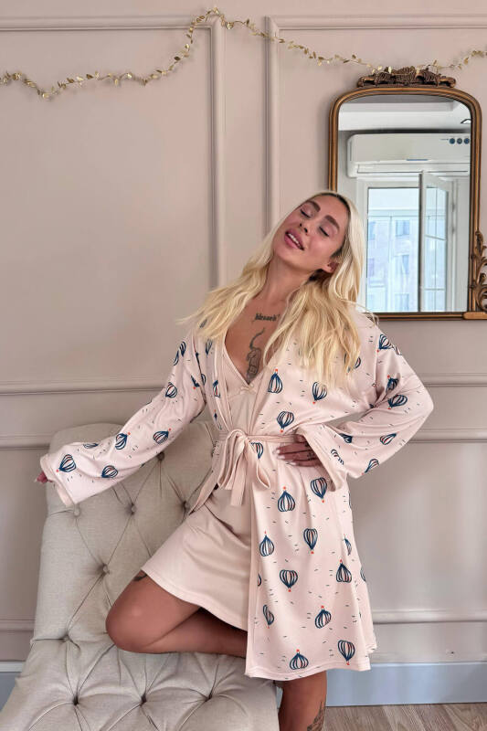 Ekru Balon Desenli Termal Gecelik Sabahlıklı Kadın Pijama Takımı - Pijamaevi (2)