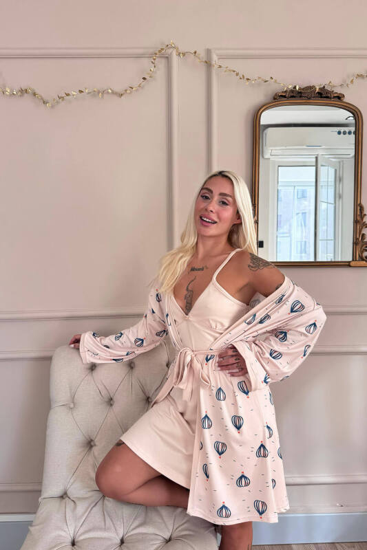 Ekru Balon Desenli Termal Gecelik Sabahlıklı Kadın Pijama Takımı - Pijamaevi (3)