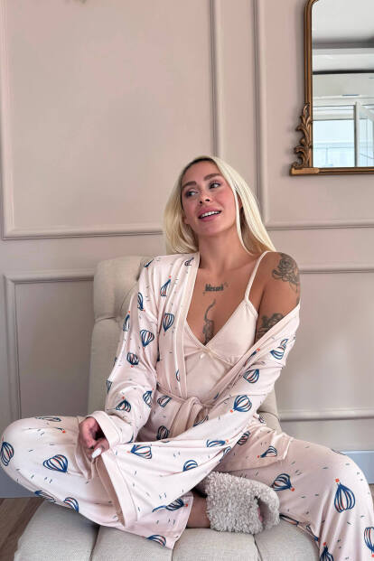 Ekru Balon Desenli Termal Sabahlıklı Kadın Pijama Takımı - 4