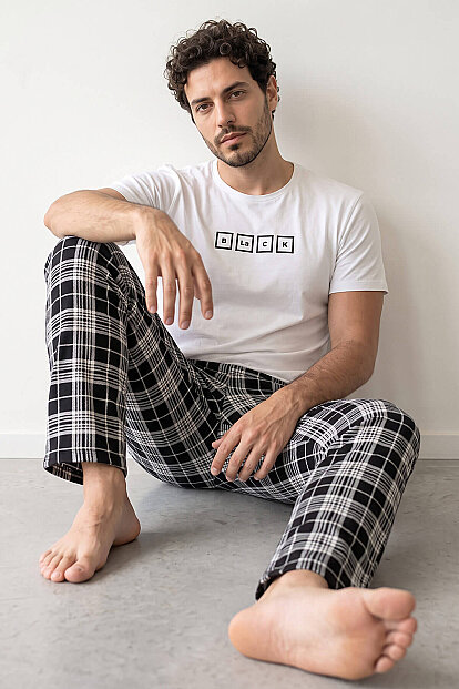 Ekru Black Baskılı Kısa Kol Erkek Pijama Takımı 