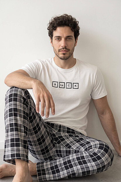 Ekru Black Baskılı Kısa Kol Erkek Pijama Takımı - 3