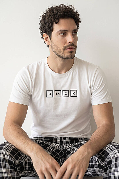 Ekru Black Baskılı Kısa Kol Erkek Pijama Takımı - 4