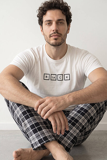 Ekru Black Baskılı Kısa Kol Erkek Pijama Takımı - 5
