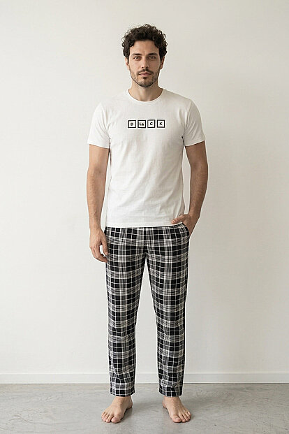 Ekru Black Baskılı Kısa Kol Erkek Pijama Takımı - 6