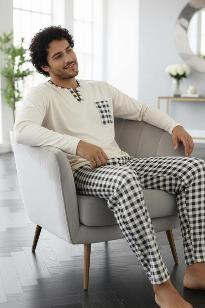 Ekru Desenli Stylish Erkek Uzun Kol Pijama Takımı - 2