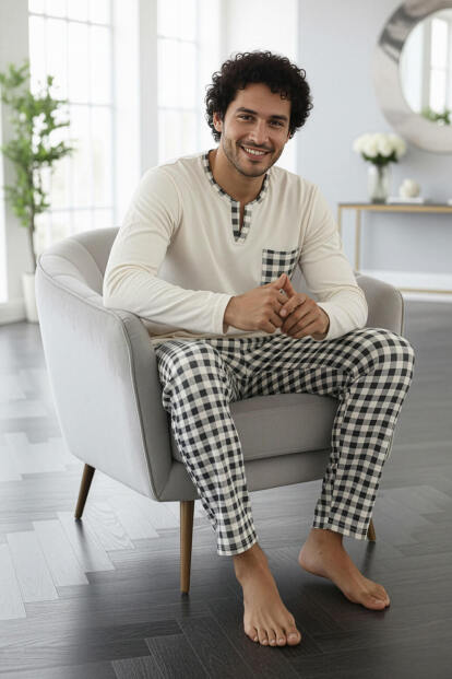 Ekru Desenli Stylish Erkek Uzun Kol Pijama Takımı - 3