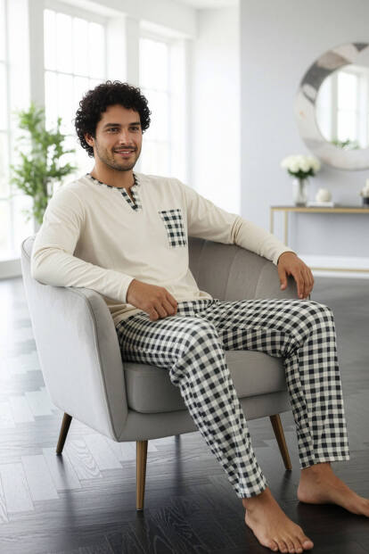 Ekru Desenli Stylish Erkek Uzun Kol Pijama Takımı - 4