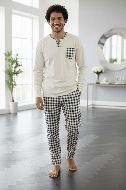 Ekru Desenli Stylish Erkek Uzun Kol Pijama Takımı - 5