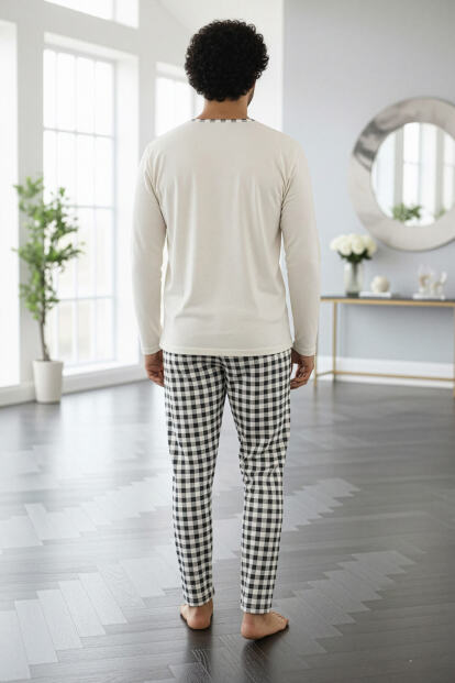 Ekru Desenli Stylish Erkek Uzun Kol Pijama Takımı - 6