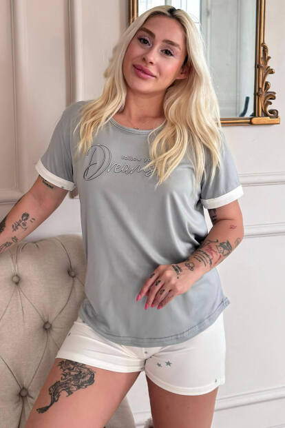 Ekru Dreams Desenli Bambu Kısa Kol Kadın Şortlu Pijama Takımı 