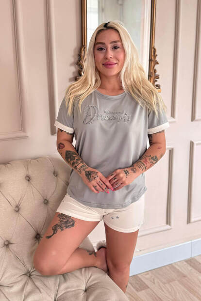 Ekru Dreams Desenli Bambu Kısa Kol Kadın Şortlu Pijama Takımı - 2
