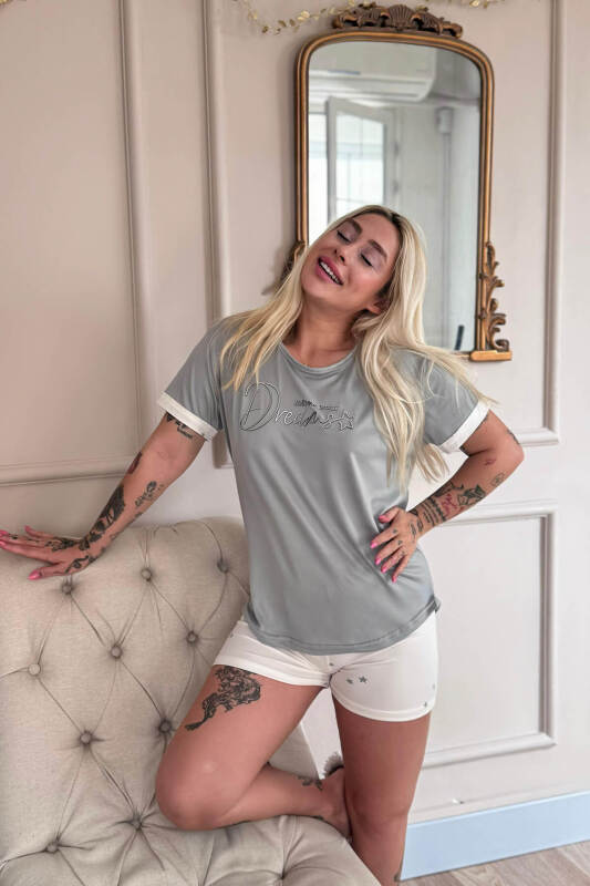 Ekru Dreams Desenli Bambu Kısa Kol Kadın Şortlu Pijama Takımı - Pijamaevi (2)