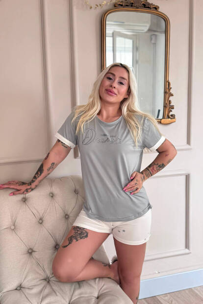 Ekru Dreams Desenli Bambu Kısa Kol Kadın Şortlu Pijama Takımı - 4