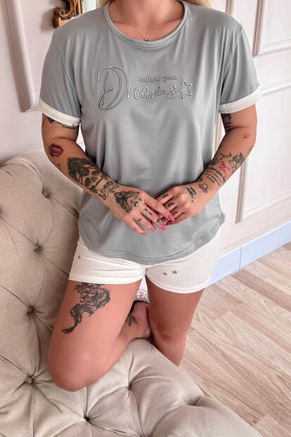 Ekru Dreams Desenli Bambu Kısa Kol Kadın Şortlu Pijama Takımı - 5