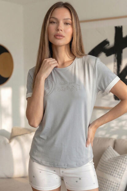 Ekru Dreams Desenli Bambu Kısa Kol Kadın Şortlu Pijama Takımı - 3