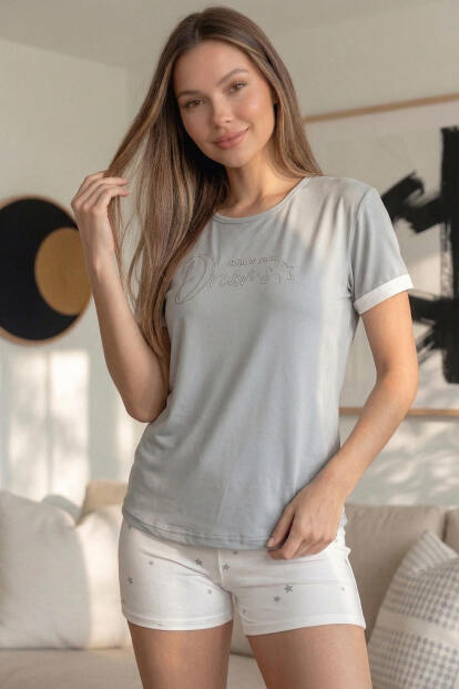 Ekru Dreams Desenli Bambu Kısa Kol Kadın Şortlu Pijama Takımı - 5