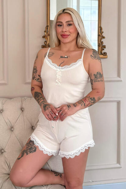Ekru Dublin Ip Askı Şortlu Kadın Pijama Takımı - 5