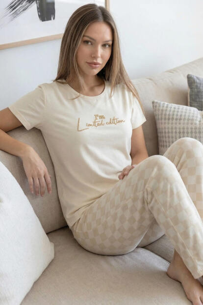 Ekru Edition Desenli Bambu Kısa Kol Kadın Pijama Takımı 
