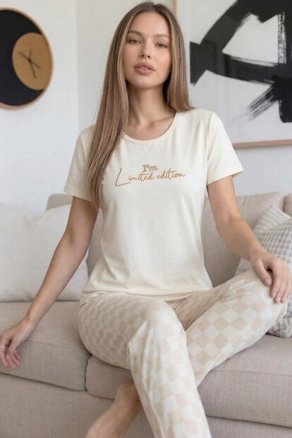 Ekru Edition Desenli Bambu Kısa Kol Kadın Pijama Takımı - 2