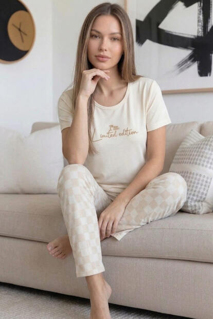 Ekru Edition Desenli Bambu Kısa Kol Kadın Pijama Takımı - 3