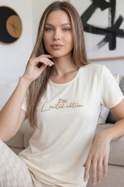 Ekru Edition Desenli Bambu Kısa Kol Kadın Pijama Takımı - 4