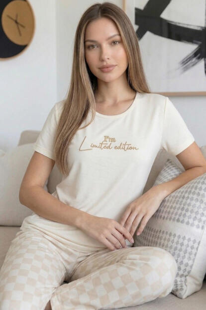 Ekru Edition Desenli Bambu Kısa Kol Kadın Pijama Takımı - 5