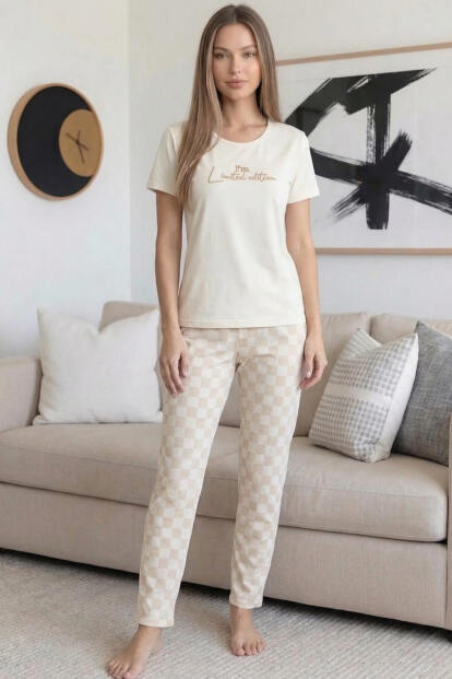 Ekru Edition Desenli Bambu Kısa Kol Kadın Pijama Takımı - 7