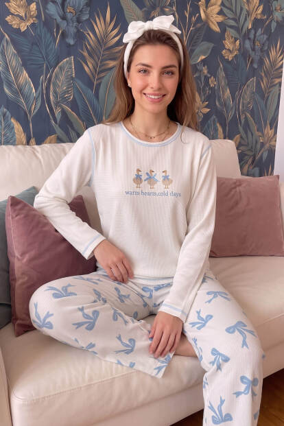Ekru Goose Desenli Waffle Soft Uzun Kollu Kadın Pijama Takım - 3