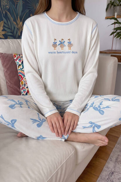 Ekru Goose Desenli Waffle Soft Uzun Kollu Kadın Pijama Takım - 4