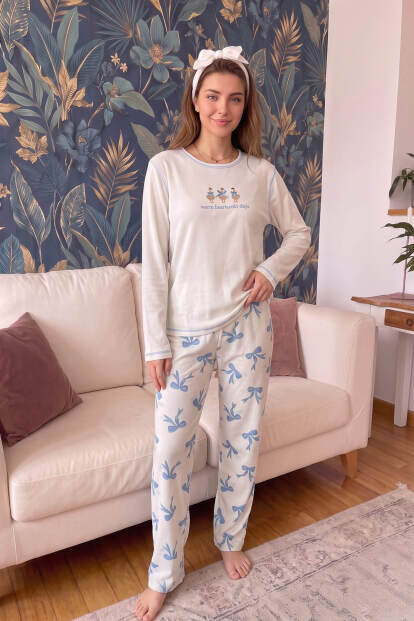Ekru Goose Desenli Waffle Soft Uzun Kollu Kadın Pijama Takım - 6