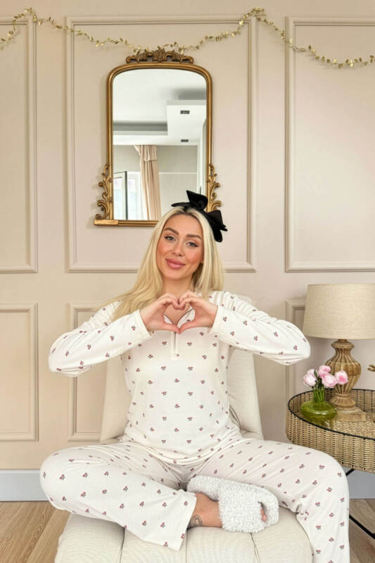 Ekru Kiraz Desenli Uzun Kollu Waffle Örme Kadın Pijama Takımı - Pijamaevi (2)