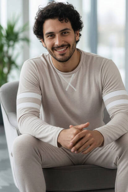 Ekru Line Desenli Stylish Erkek Uzun Kol Pijama Takımı 